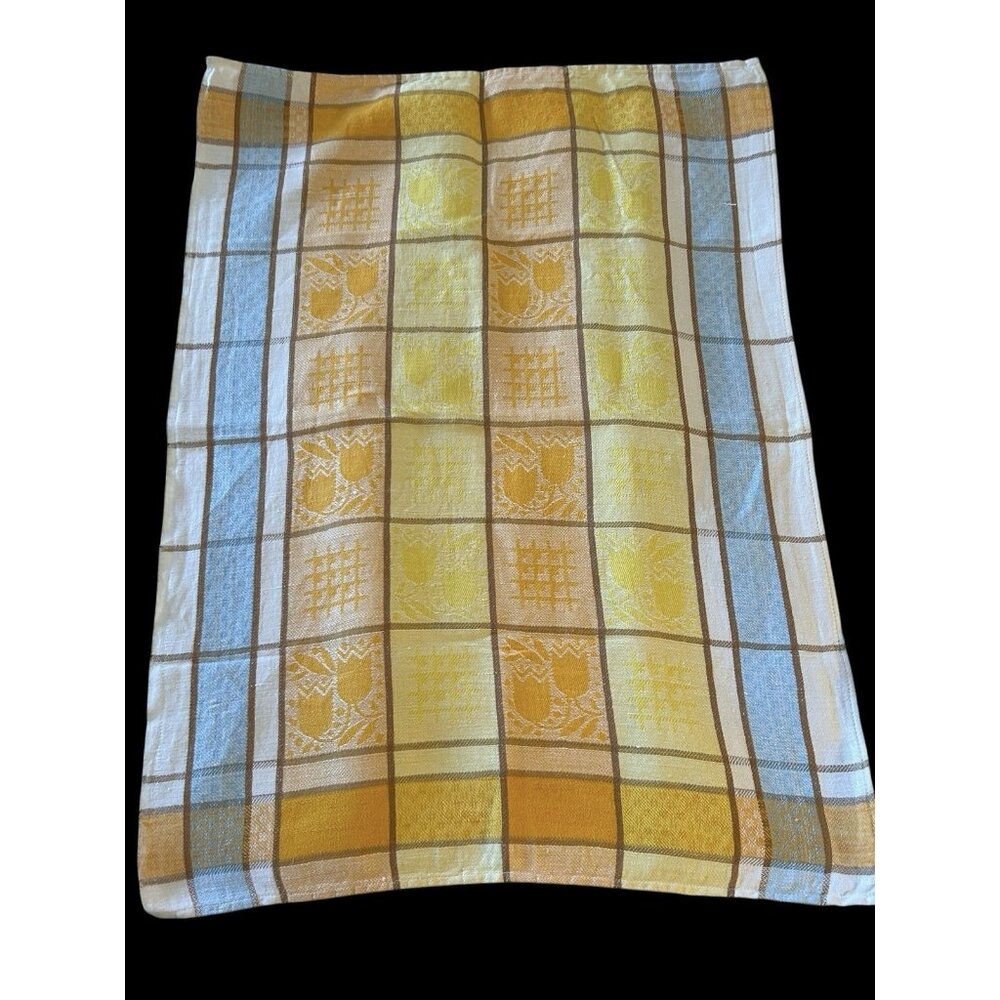 Vintage Linen Cotton Blend Damask Tulip Kitchen Towel Plaid Orange Yellow Blue